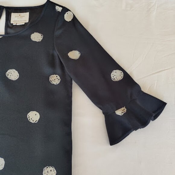 KATE SPADE Silk Polka Dot Black + Cream Shift Dress 3/4 Bell Sleeve Mod Retro 2 - Picture 6 of 15
